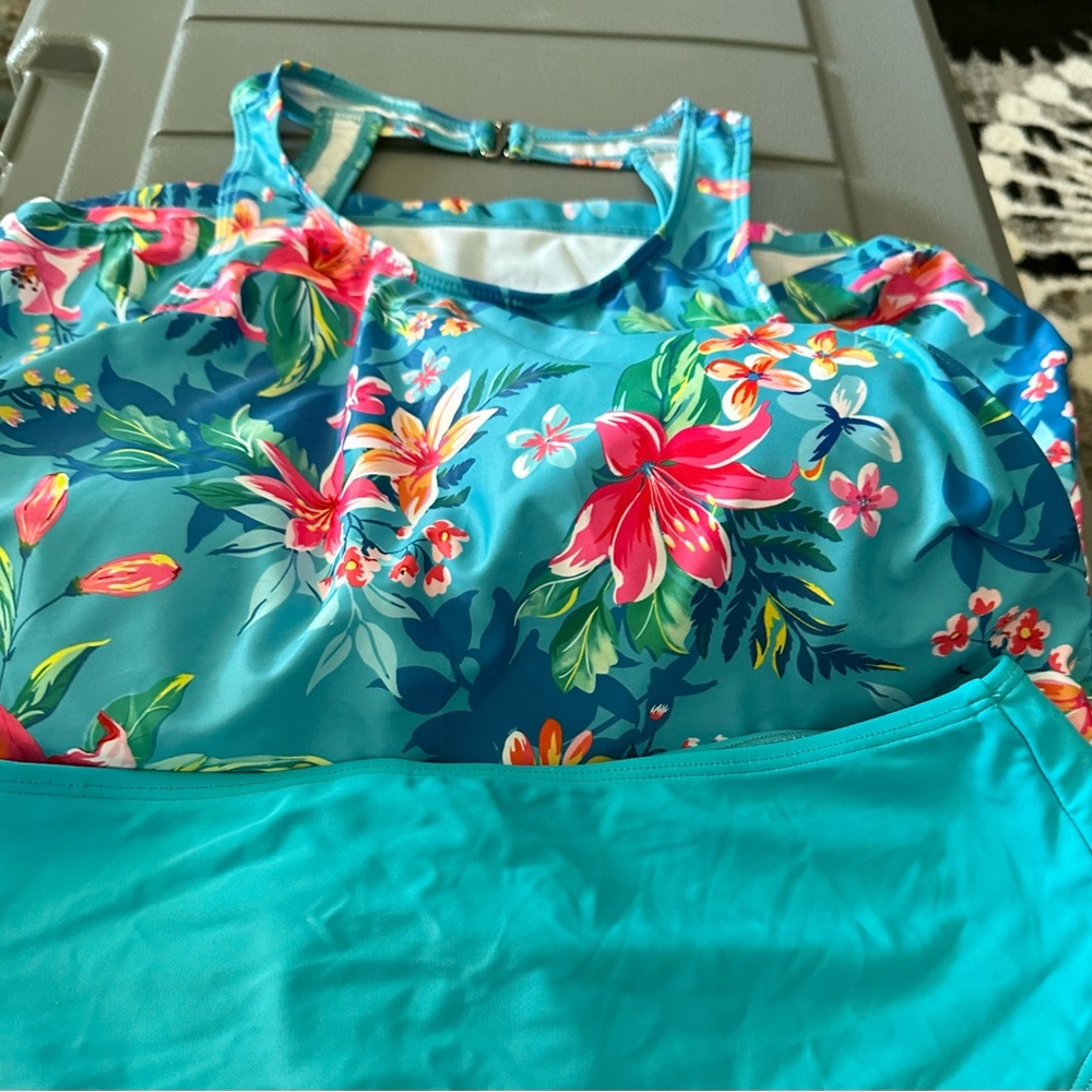 Tankini Swimsuits High Neck Tops Halter Swimwear teal floral medium feminine - Picture 5 of 8